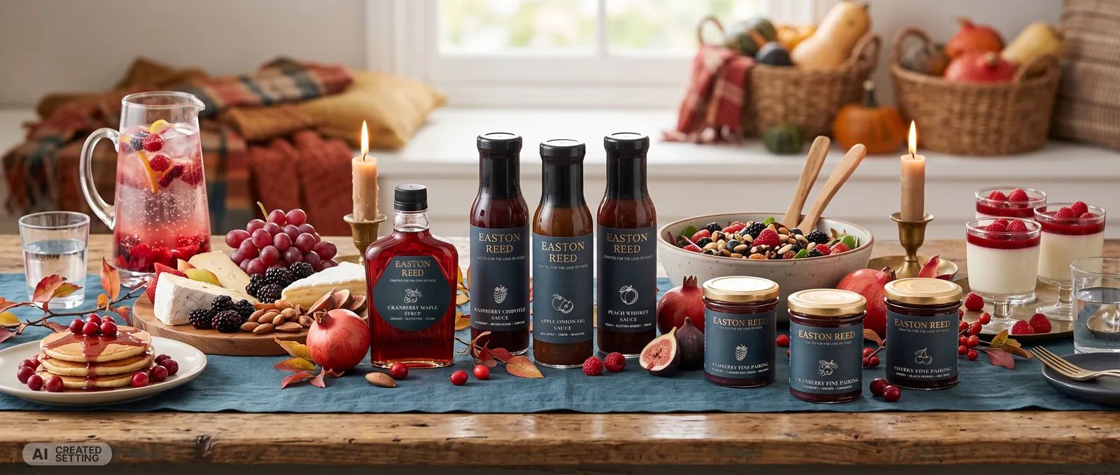 Autumn table with Easton Reed Cranberry Maple Syrup, three sauces and three Fine Pairings jars, with cheese, grapes and pancakes