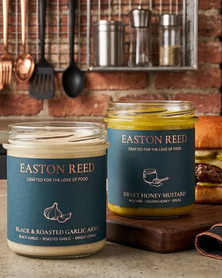 Easton Reed Aioli and Sweet Honey Mustard jars next to a burger in a brick kitchen