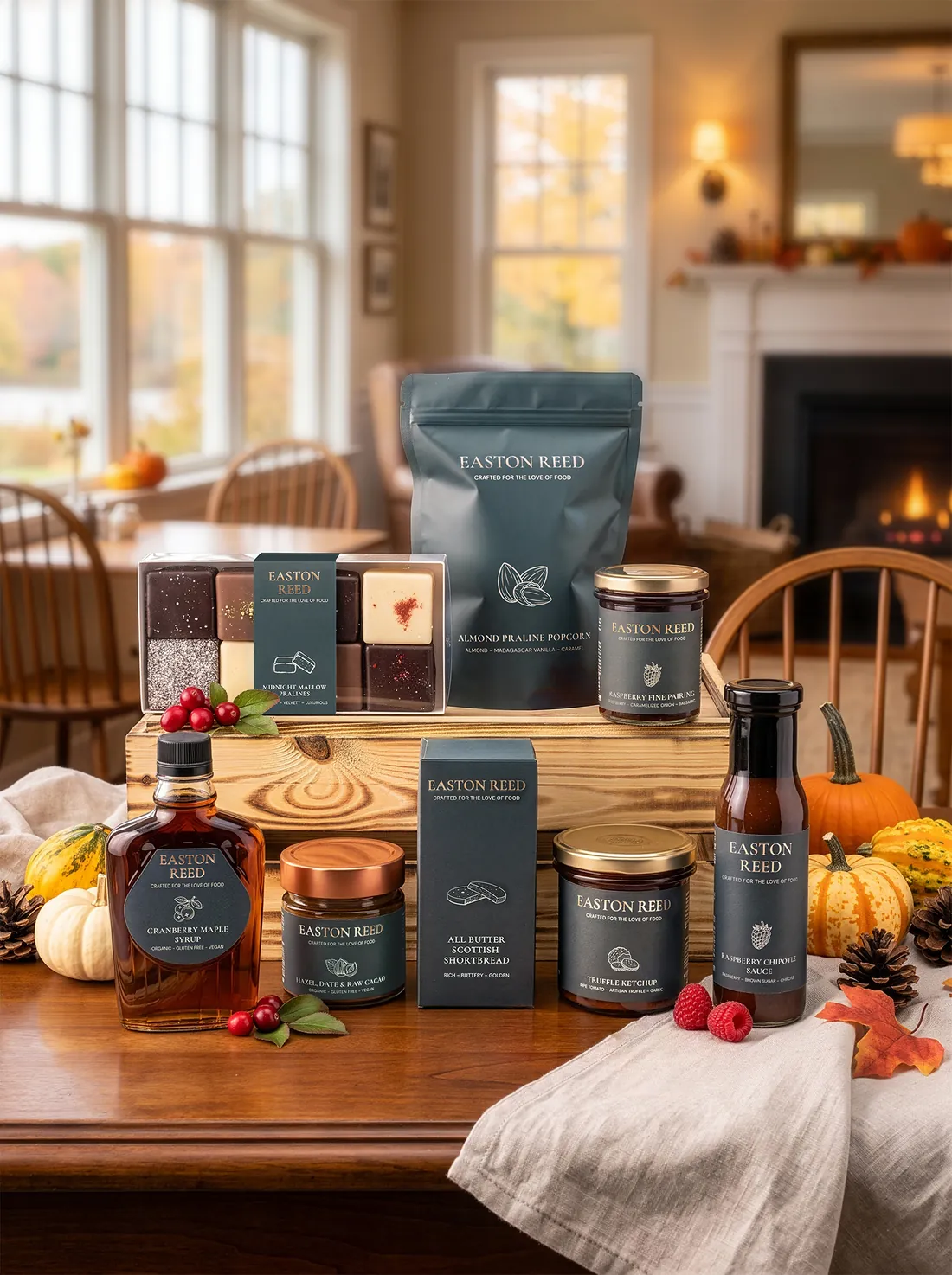Easton Reed Almond Praline Popcorn bag with shortbread, mallow pralines, sauce and maple syrup on a dining table by the fireplace