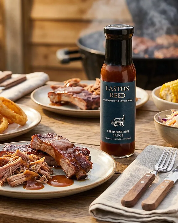 Easton Reed Ribhouse BBQ Sauce next to ribs and pulled pork on a wooden table