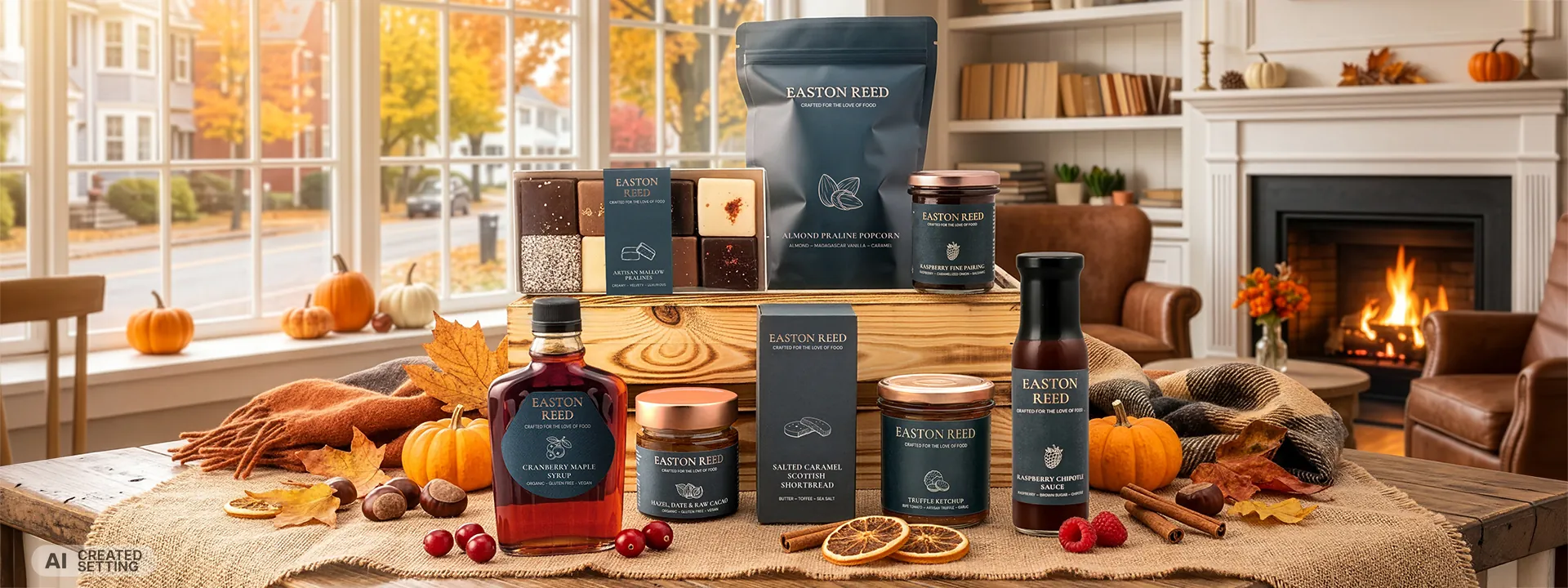 Easton Reed maple syrup, sauces, Fine Pairings, shortbread and popcorn on a table in a cozy room with a fireplace